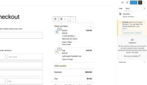Screenshot of the new WooCommerce checkout page with an order summary and a notification that Razorpay does not support the current block.